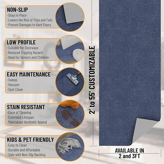 Ottomanson 2'7" x 4' Ultra-Thin Entryway Rug - Durable Non-Slip Mat for High-Traffic Areas - Fits Under Doors for Easy Entry - Ideal for Front Door, Hallway, Kitchen, Bathroom & Mudroom, Navy