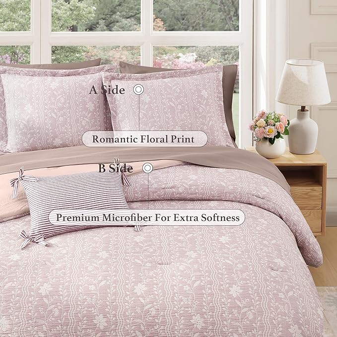 Full Comforter Set -7 Pieces Floral Pink Comforter Set for All Seasons, Bed in a Bag Full with Botanical Flowers Comforter, Sheets, Pillowcases & Shams