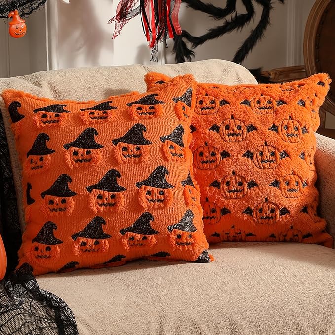 Halloween Decorations Set of 2 Double-Sided Halloween Pillow Covers 18" x 18", with 2 Different Looks, Pumpkin Bat & Pumpkin with Hat, Plush Faux Fur Throw Pillow Covers for Home Decor
