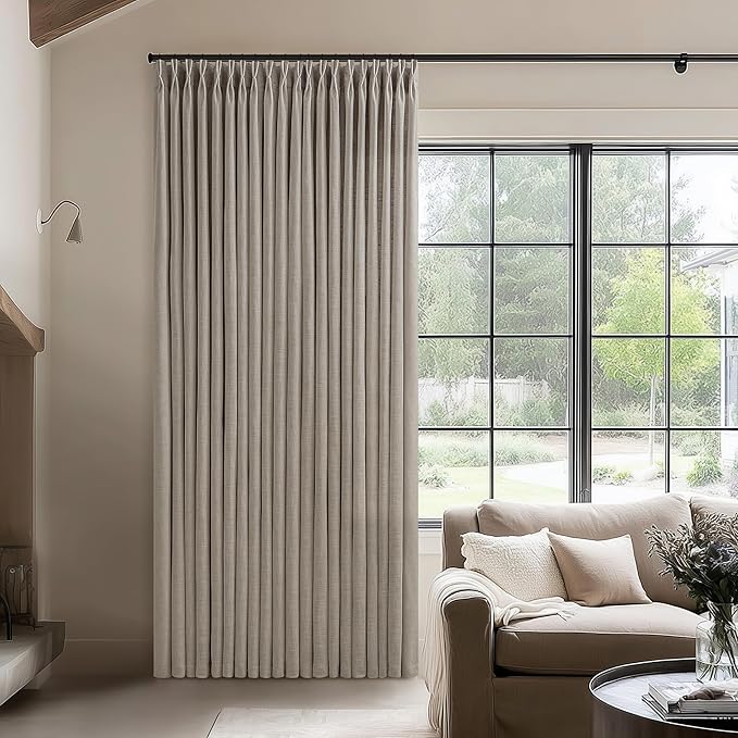 Taupe Patio Sliding Door Curtains 100 Width 102 Inches Long Pinch Pleated Curtain with Hooks Rings Light Filtering Semi Sheer Extra Wide 100x102 Drape Living Dining Room Burlywood Birch 1 Panel