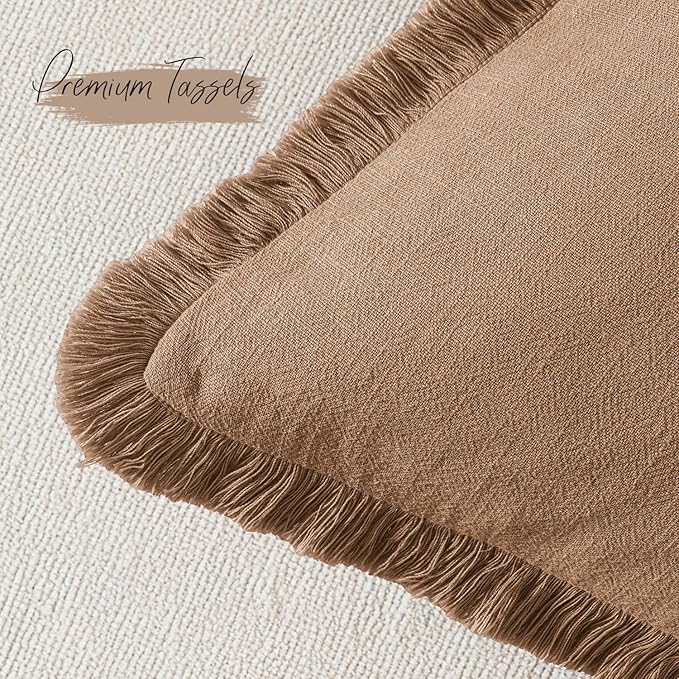 Woaboy Decorative Linen Fringe Throw Pillow Covers Boho Farmhouse Soft Lumbar Cushion Covers Accent Pillowcases with Tassels for Living Room Couch Sofa Bed Chair,12x20 Inch Set of 2,Brown