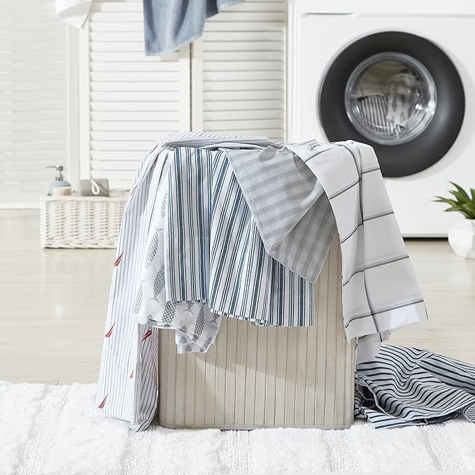 Nautica - Full Size Sheet Sets, Cotton Percale Bedding Set, Crisp & Cool, Coastal Home Decor (Woodblock Fish Grey, Full)