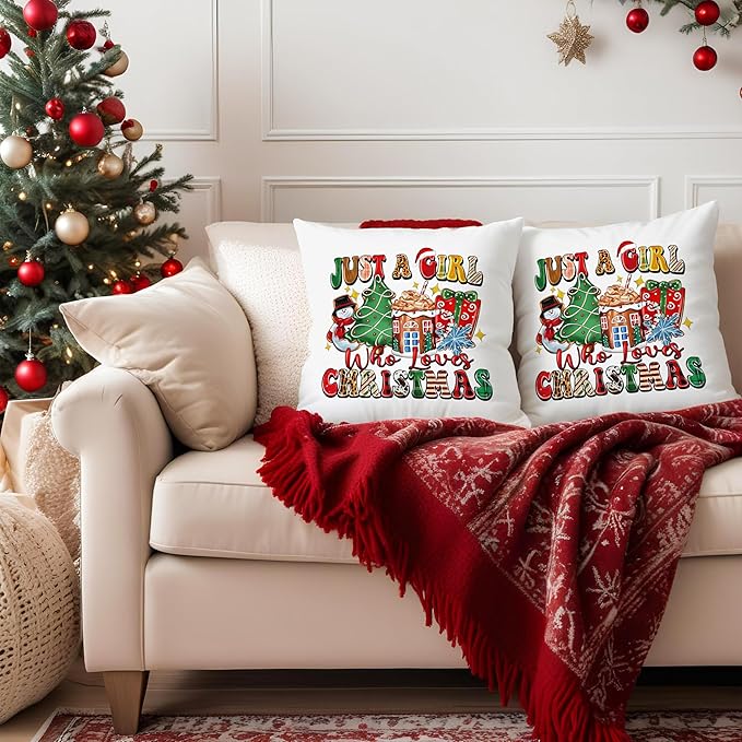 Just a Girl Who Loves Christmas Pillow Covers 18x18, Trendy Xmas Pillow Covers for Couch, Christmas Decorations for Living Room, Bedroom Home
