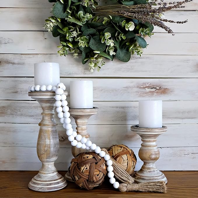 Candle Holders for Pillar Candles, Wooden Candleholders Table Centerpiece, Pillar Candle Holders Set of 3, Wood Rustic Farmhouse Fireplace White