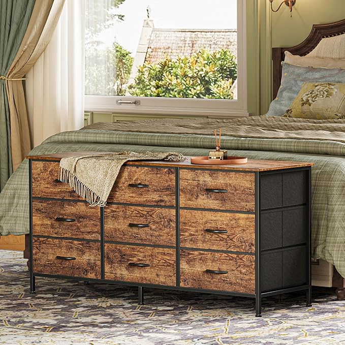 Huuger 9 Drawer Dresser, 47 Inch Dresser TV Stand for 50, 55 Inch TV, Entertainment Center with Drawers, for Bedroom, Closet, Rustic Brown