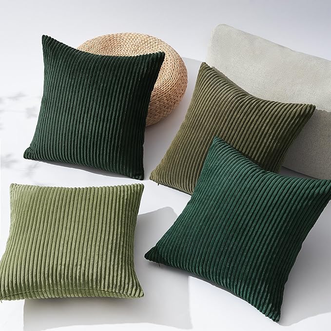 Topfinel Christmas Decorative Throw Pillow Covers Green Series,Winter Fluffy Corduroy Striped Euro Pillows Shams for Couch Bed Bedroom,Western Modern Hunter Green Pillowcase 20x20 Inch Set of 4