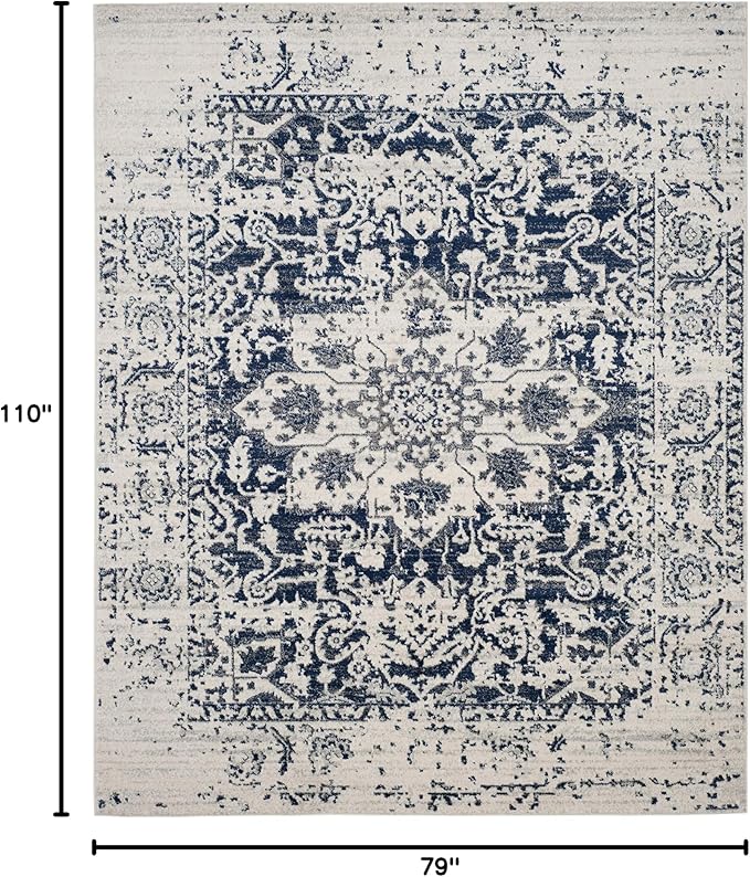 SAFAVIEH Madison Collection Area Rug - 6'7" x 9'2", Cream & Navy, Snowflake Medallion Distressed Design, Non-Shedding & Easy Care, Ideal for High Traffic Areas in Living Room, Bedroom (MAD603D)