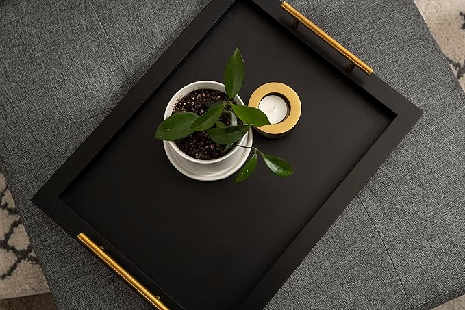 Kate and Laurel Halsey Rectangle Decorative Wooden Tray with Polished Metal Handles, 17 x 13, Black and Gold, Modern Glam Wood Rectangular Serving Tray for Display or Decoration