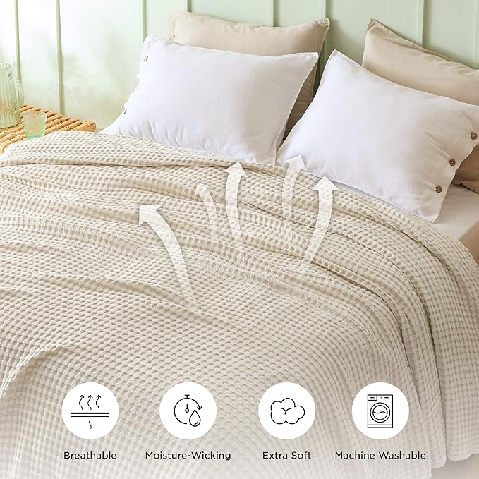 Bedsure Cooling Cotton Waffle Queen Size Blanket - Lightweight Breathable Blanket of Rayon Derived from Bamboo for Hot Sleepers, Light Beige, 90x90 Inches