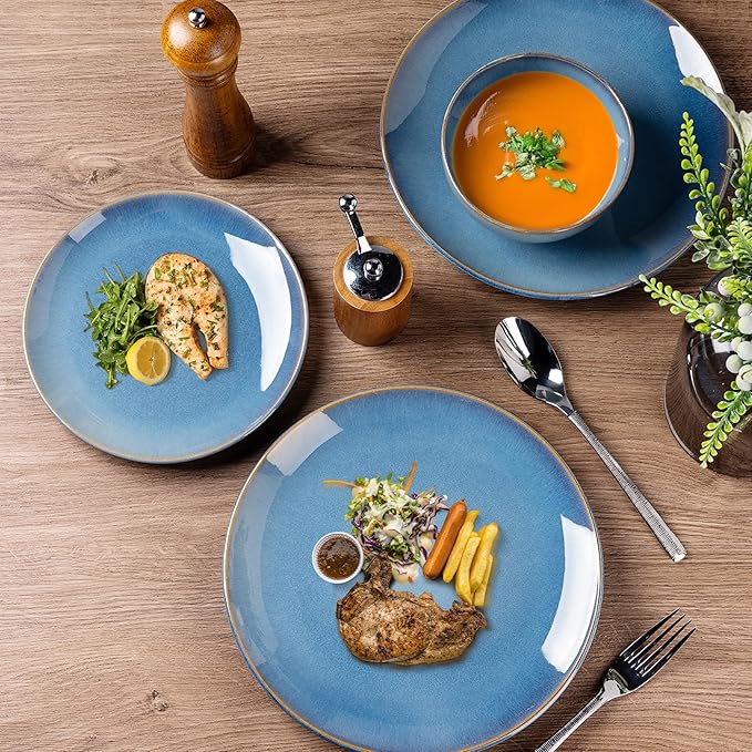 GBHOME Ceramic Dinnerware Sets for 4, 12 Pieces Stoneware Plates and Bowls Sets, Reactive Glaze Dishes -Scratch Resistant, Dishwasher&Microwave Safe-Alaskan Blue