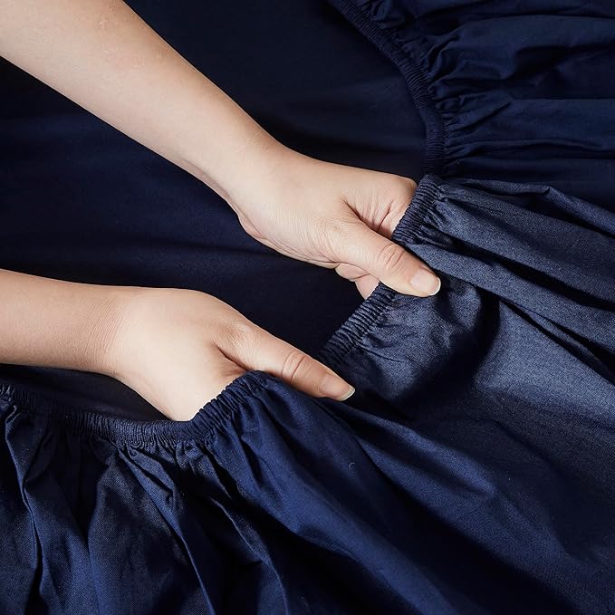 Linen Closet 100% Organic Cotton Twin Sheet 3 Pcs Set, Cotton Sheets with 16” Deep Pocket, Navy | Bed Sheets for College Dorm Essential, Crisp & Breathable, Percale, Comfy, Naturally Cooling