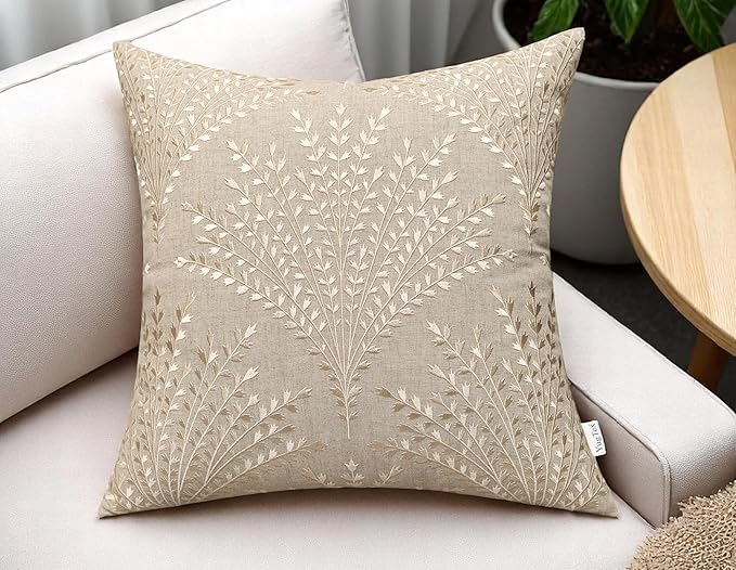 Rohan Leaves Embroiderd Decorative Square Accent Throw Pillow Cover - Sofa, Chair, Couch, Bedroom, Living Room, Farmhouse Home Decor - 20x20 Inches, Natural