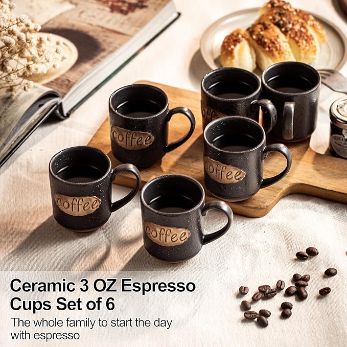 LYEOBOH Coffee Cups, Tea Cup, Espresso Cups, Coffee Mugs Set of 6, 3 oz Ceramic Espresso Cups, Cute Mini Demitasse Cups with Handle for Coffee Bar & Home Microwave & Dishwasher Safe, Black
