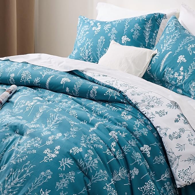 Bedsure California King Comforter Set - Teal Blue Bed Set, 3 Pieces Cute Floral Bedding, 1 Soft Reversible Botanical Flowers Comforter and 2 Pillow Shams