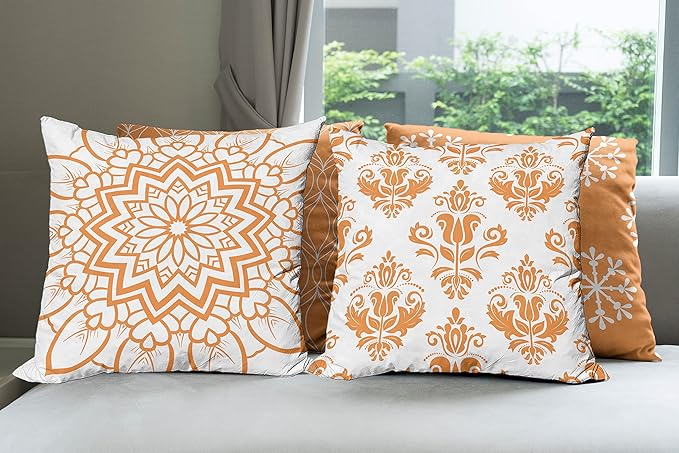 Ambesonne Retro Throw Pillow Cushion Case Pack of 4, Trellis Grid Medieval Floral Damask Mandala Flower Ornament in Modern Monochrome, Modern Accent Double-Sided Digital Printing, 20", Burnt Orange