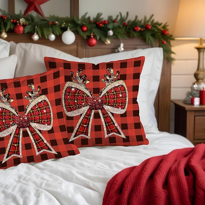 & Coquette Christmas Plaid Pillow Covers, 18x18 - Red Buffalo Plaid Decor for Living Room & Bedroom