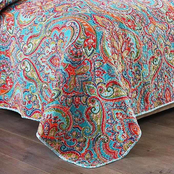 Travan 3-Piece Bedspread Quilt Set Oversized Quilted Bedding Reversible Cotton Coverlet Set with Shams, Gorgeous Floral Pattern, King Size