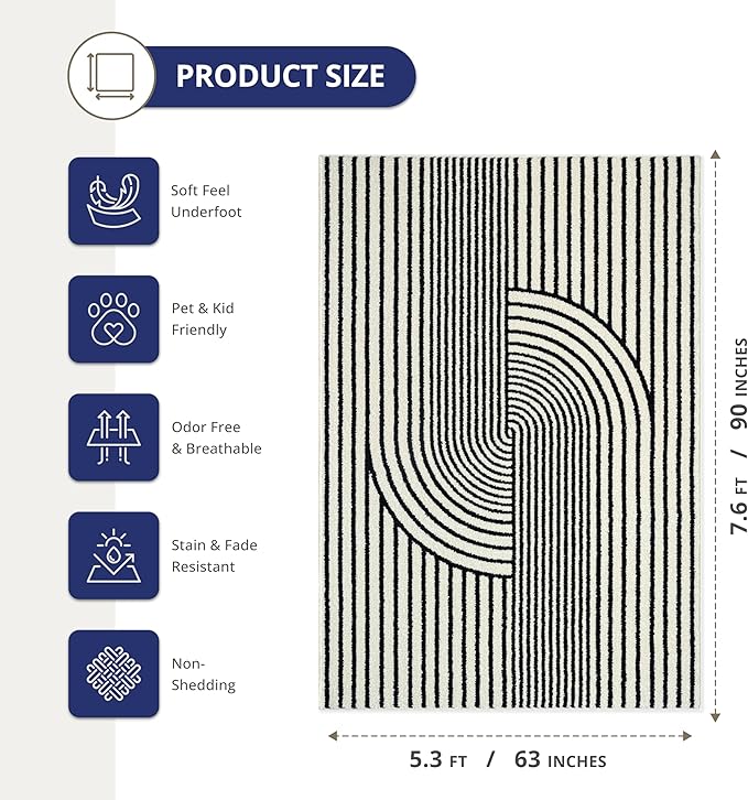 Abani Nuevo Collection Area Rug - Mid-Century Black & Ivory Arch Knot Design - 5' x 8' - for Living Room, Bedroom & Office