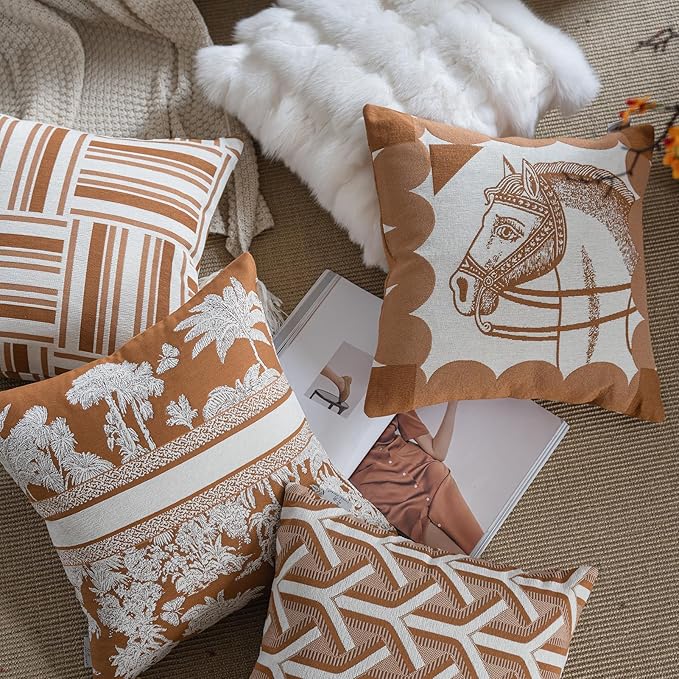 Premium Throw Pillow Covers 20x20 Inches - Tawny Birch Horse Chenille Jacquard Embroidery Decorative Couch Pillow Covers for Living Room Bedroom Sofa Home Décor