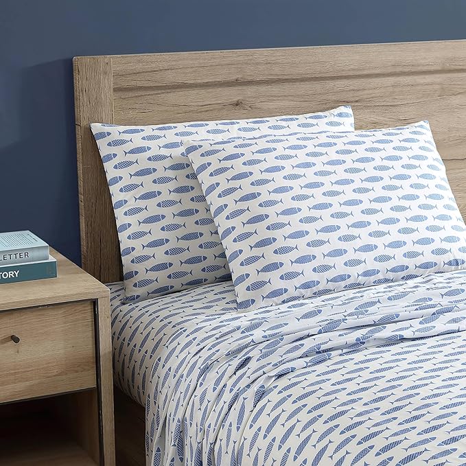 Nautica - Twin Sheets, Cotton Percale Bedding Set, Fully Elasticized, Ideal Dorm Essentials (Woodblock Fish Blue, Twin)