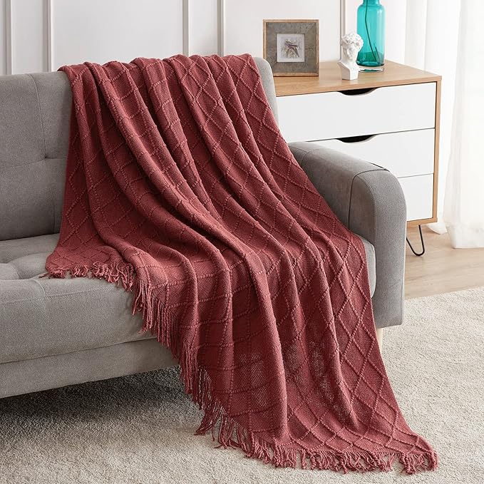 BOURINA Burgundy Throw Blanket 50x60 Inches Throw Textured Solid Soft Sofa Couch Decorative Knit Blanket