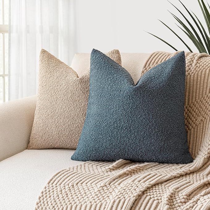 Foindtower Decorative Textured Boucle Throw Pillow Covers Accent Solid Pillow Cases Neutral Soft Cozy Couch Cushion Case for Chair Sofa Bedroom Living Room Home Decor 24 x 24 Inch,Blue