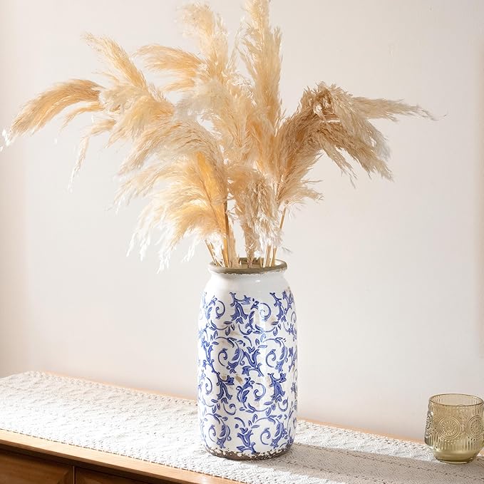 VICTOR & TERESA Rustic Large Blue and White Vase for Home Decor, 10'' Tall Ceramic Vases for Flowers, Farmhouse Decorative Vases for Pampas Grass,Table, Mantel, Living Room, Centerpieces