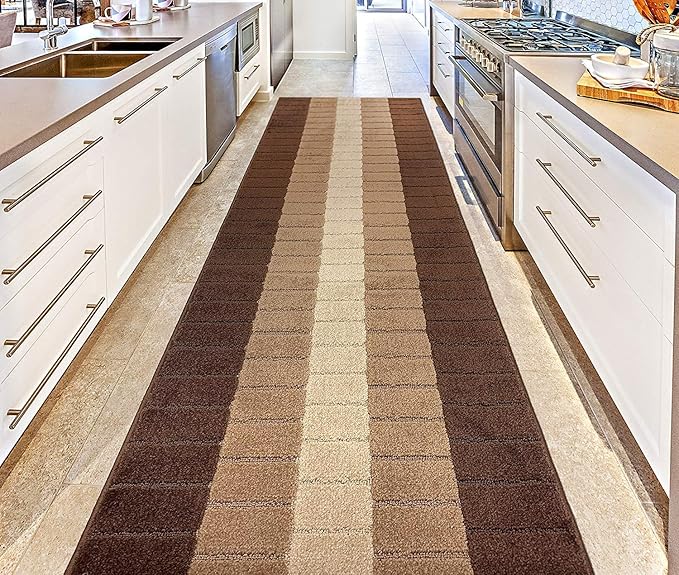Custom Size Modern Geometric Pattern Carpet Runner Rug for Hallways, Slip Resistant Latex Rubber Backed, 31 inch Wide X Customized Length, Squares Brown, 31 inch X 22 feet