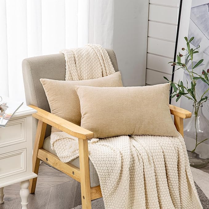 GAWAMAY Decorative Rectangle Throw Pillow Covers 12"x20" Inch Set of 2, Soft Chenille Fall Lumbar Support Pillow Cases for Living Room Bedroom Sofa Couch Cushion Cover Beige 30x50cm (No Inserts)