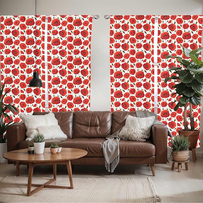 Ambesonne Poppy Flower Window Curtains Pack of 2, Springs Ladybugs Animals and Plants Flora Fauna Nature, Lightweight Set with Rod Pocket, 4 Panels of - 28" x 95", Burnt Orange Olive Green