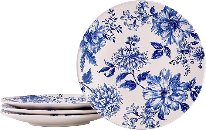 Bico Blue Floral Haven Dinner Plates Set of 4, 11 Inch Large Ceramic Plates for Pasta, Steak, Stylish Serving Dishes, Microwave and Dishwasher Safe, Gift for Housewarming and Thanksgiving