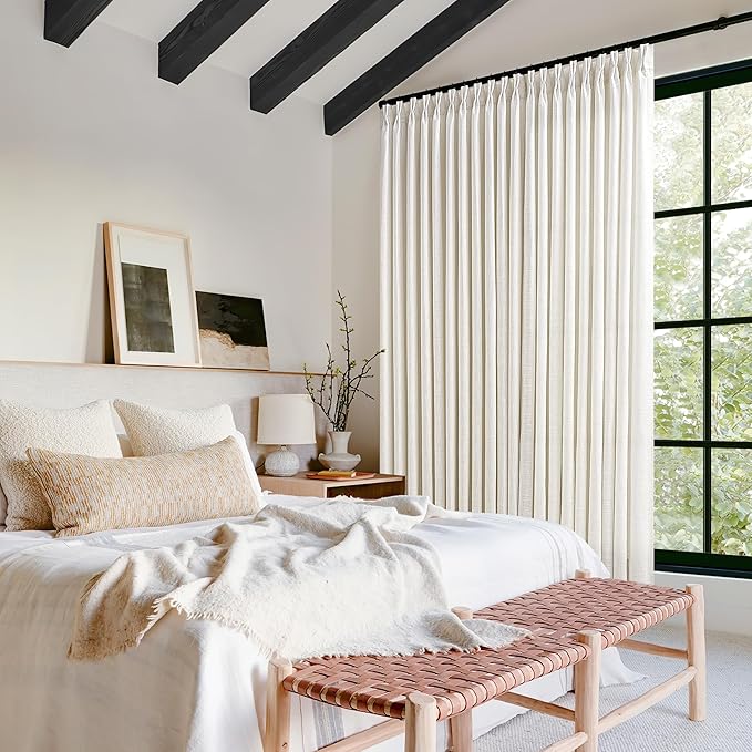 Extra Wide Linen Curtains 90 Inches Long 70 Inch Wide for Living Room Bedroom Light Filtering Cream Natural Pinch Pleated Curtains Neutral Boho Hooks Rings Back Tab Sliding Glass Door 1 Panel 70Wx90L
