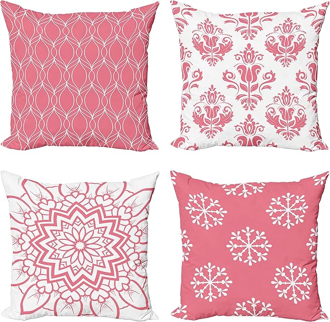 Ambesonne Retro Throw Pillow Cushion Case Pack of 4, Trellis Grid Medieval Floral Damask Mandala Flower Ornament in Modern Monochrome, Modern Accent Double-Sided Digital Printing, 16", Pastel Pink