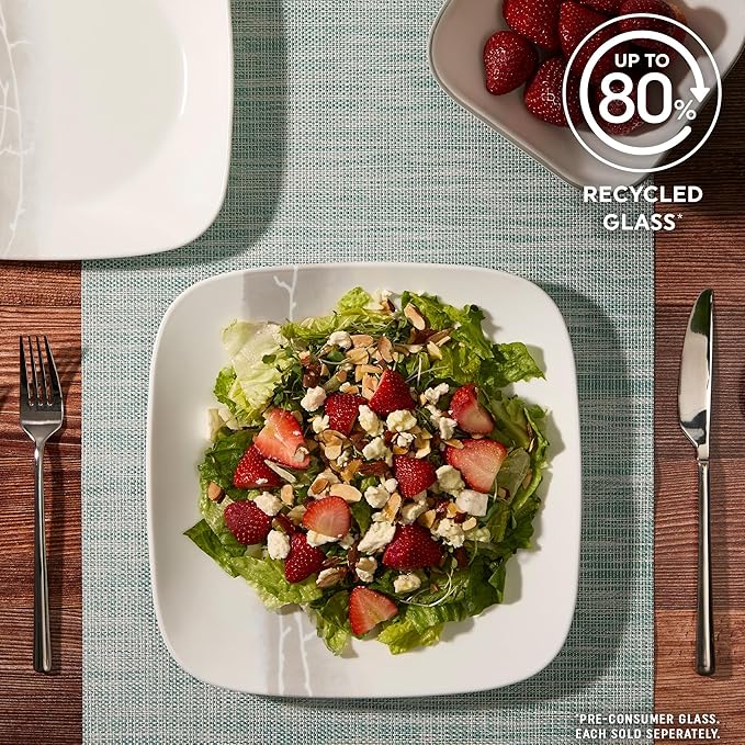 Corelle Vitrelle 18 Piece Glass Dinnerware Sets Rectangular Square Plate and Bowl Set Service for 6, Triple Layer Chip & Crack Resistant Glass Plate and Bowl Sets, Wandering Grove