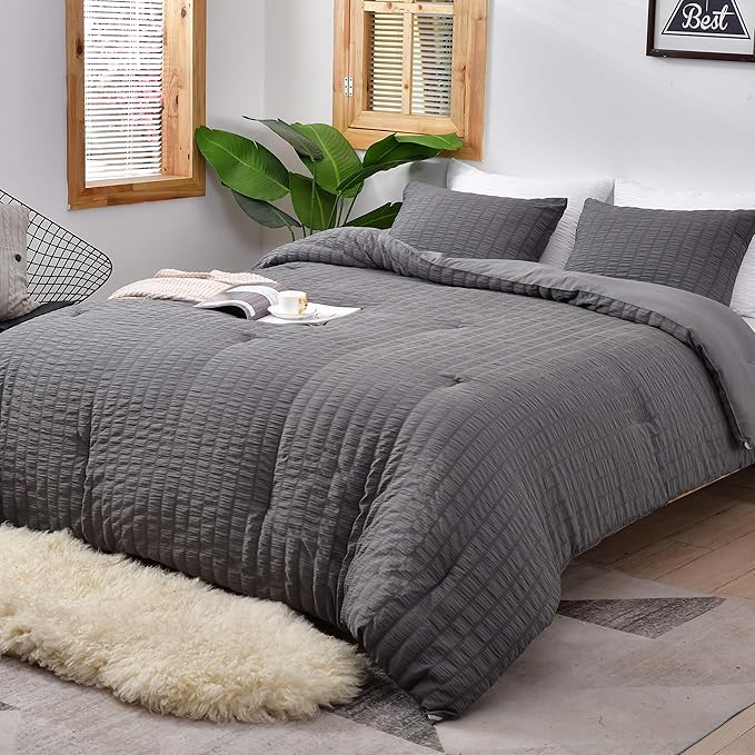 AveLom Seersucker Full Comforter Set (80x90 inches), 3 Pieces - 100% Soft Washed Microfiber Lightweight Comforter with 2 Pillowcases, All Season Down Alternative Comforter Set for Bedding, Gray
