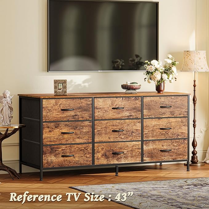 Huuger 9 Drawer Dresser, 47 Inch Dresser TV Stand for 50, 55 Inch TV, Entertainment Center with Drawers, for Bedroom, Closet, Rustic Brown