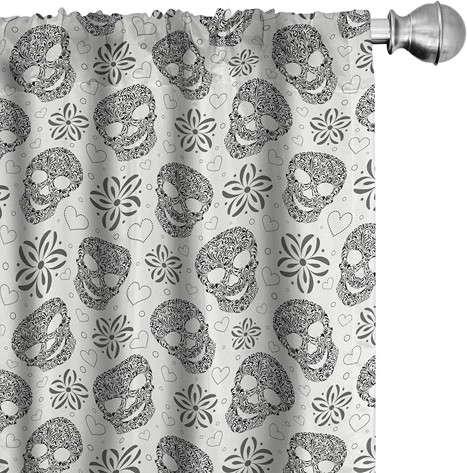 Ambesonne Skull Curtains, Abstract Floral Skulls Daisies Hearts Circles Illustration Vintage Style Print, Window Treatments 2 Panel Set for Living Room Bedroom, Pair of - 28" x 84", Black and White