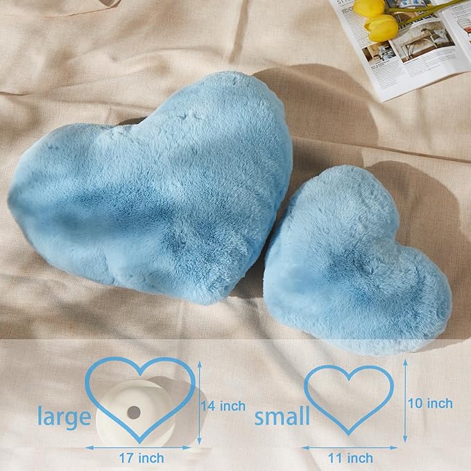 YRXRUS Heart Pillows, Love Heart Shaped Pillow, Small Cute Blue Heart Pillows for Gifts, Faux Rabbit Throw Pillows for Her, Kids, Girls Home Decoration, 10X11 Inch