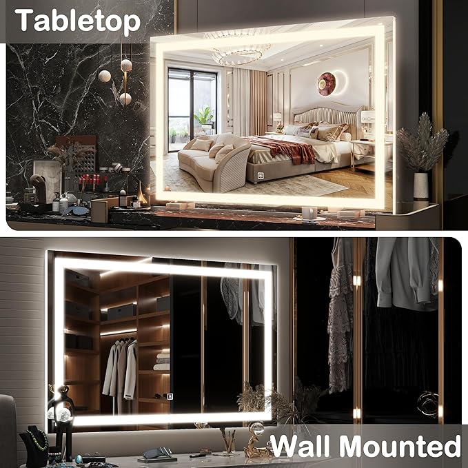 FENNIO Makeup Mirror with Lights 23"x32" ，LED Makeup Mirror ，Large Vanity Mirror with Lights，Touch Sensor with Dimmable 3 Modes, Square White