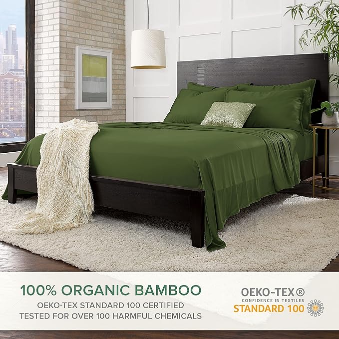 Queen Sheets by Pure Bamboo, Genuine 100% Organic Viscose Derived from Bamboo Bed Sheet Set, Luxuriously Soft & Cooling, Double Stitching, Lifetime Quality Promise (Queen, Pesto)