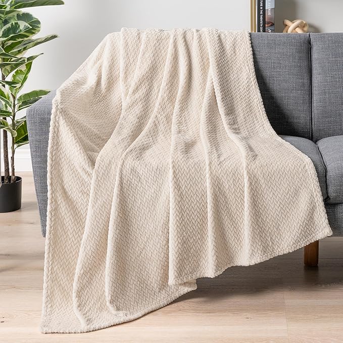 PAVILIA Soft Fleece Ivory Cream Throw Blanket for Couch, Lightweight Plush Warm Blankets for Bed, Fuzzy Cozy Flannel Blanket Throw for Sofa, Travel, Jacquard Pattern, Ivory/Cream, 50x60 inch