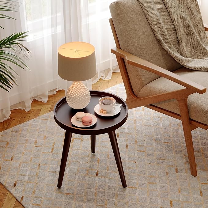 Apicizon Round Side Table, Brown Tray Nightstand Coffee End Table for Living Room, Bedroom, Small Spaces, Easy Assembly Bedside Table, 15 x 18 Inches