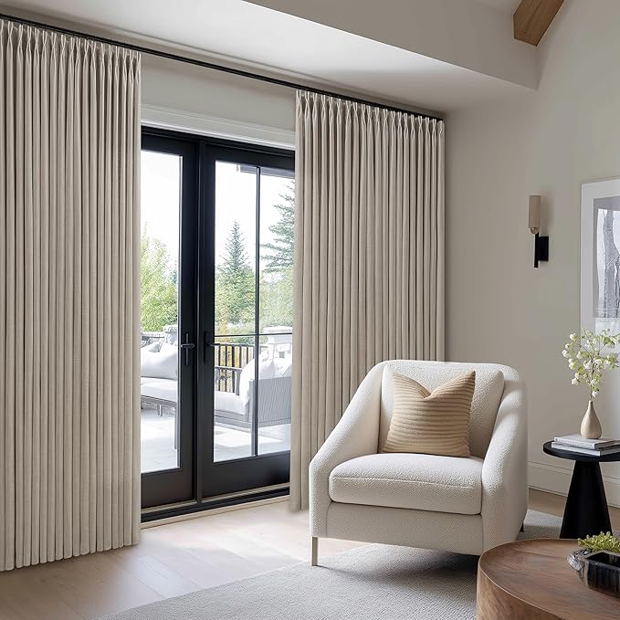Extra Wide Pleated Curtains 108 Inches Long 100 Inch Width Patio Sliding Door Light Filtering Taupe Grey Beige Burlywood Birch Neutral Modern Neutral 100x108 Drapes Panels Living Dining Room 1 Panel