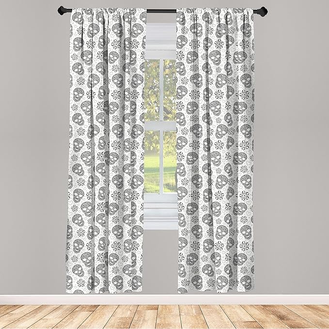 Ambesonne Skull Curtains, Abstract Floral Skulls Daisies Hearts Circles Illustration Vintage Style Print, Window Treatments 2 Panel Set for Living Room Bedroom, Pair of - 28" x 84", Black and White