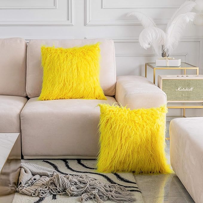 Home Brilliant Yellow Fur Spring Pillow Covers Furry Fuzzy Accent Throw Pillow Covers Decorative for Couch Sofa Bed Holiday Fall Winter Decoration Girl Gift, Set of 2 (18 x 18 Inch, Yellow)