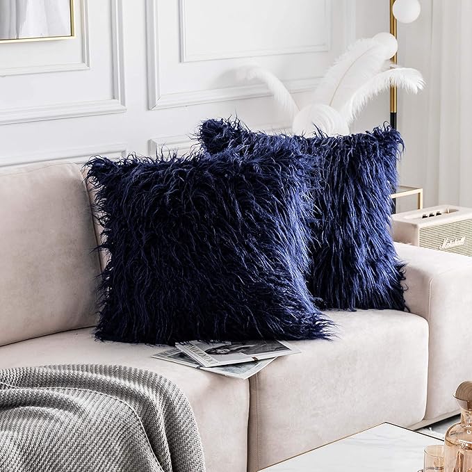 Home Brilliant Decorative Faux Fur Euro Sham Couch Pillow Covers Large Square Throw Pillow Cases for Sofa, Set of 2 (24 x 24 inch, Navy Blue)