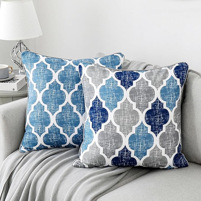 Beauoop Throw Pillowcover Soft Chenille Print Moroccan Geometric 2-Sided Pattern Blue and Gray Decorative Velvet Square Cushion Covers Standard Pillowcase Couch Sofa Bed Men/Women 18x18 Inch, Set of 2