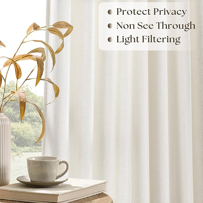 Pinch Pleated Linen Curtains 90 Inches Long for Living Room Cream Ivory Light Filtering Pinch Pleat Hooks Rings Back Tab Neutral Boho Farmhouse 90 Inch Curtain Drapes for Bedroom Window 1 Panel