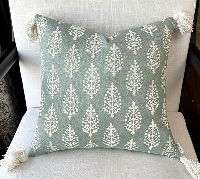 VAGMINE Block Printed Decorative Square Accent Throw Pillow Cover - Sofa, Chair, Couch, Living Room, Bedroom, Farmhouse Home Decor - Chandni Paiseley-Light Teal, 20x20 Inches