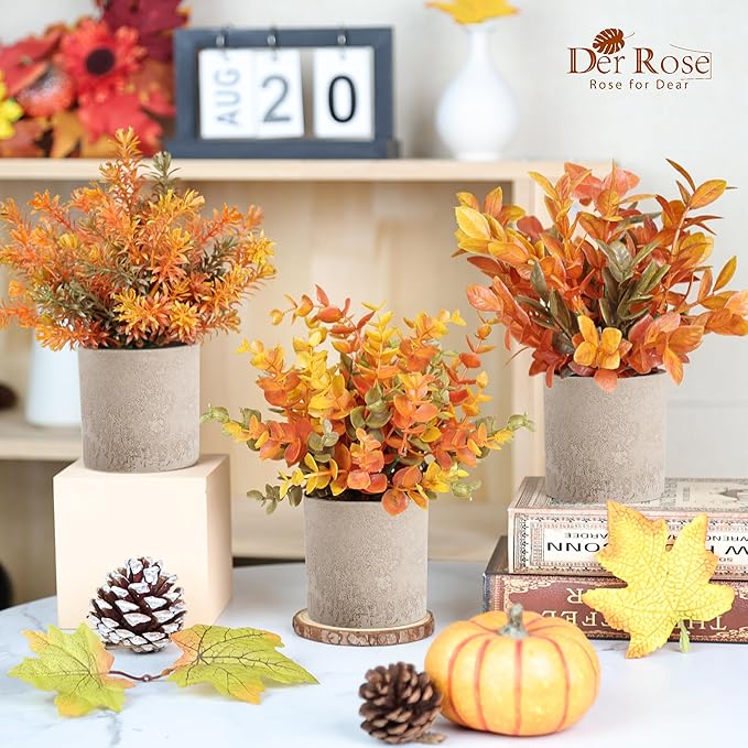 Der Rose 3 Pack Fall Mini Potted Fake Plants Artificial Plastic Eucalyptus Plants Topiaries Fall Decorations for Home Office Desk Farmhouse Room Bathroom Fall Decor